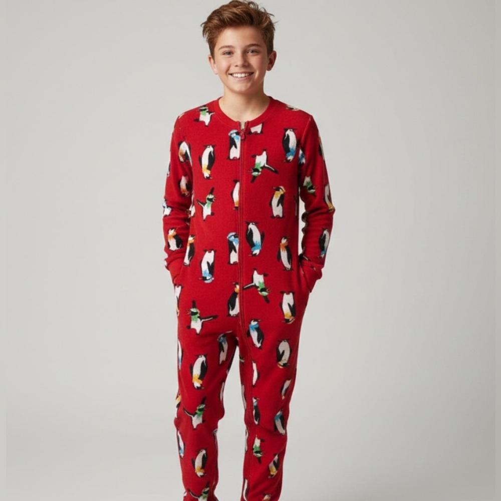Penguin Print Red Kid One Piece Onsie Flannel Fleece Foot Pajamas Sleepers 14 16
